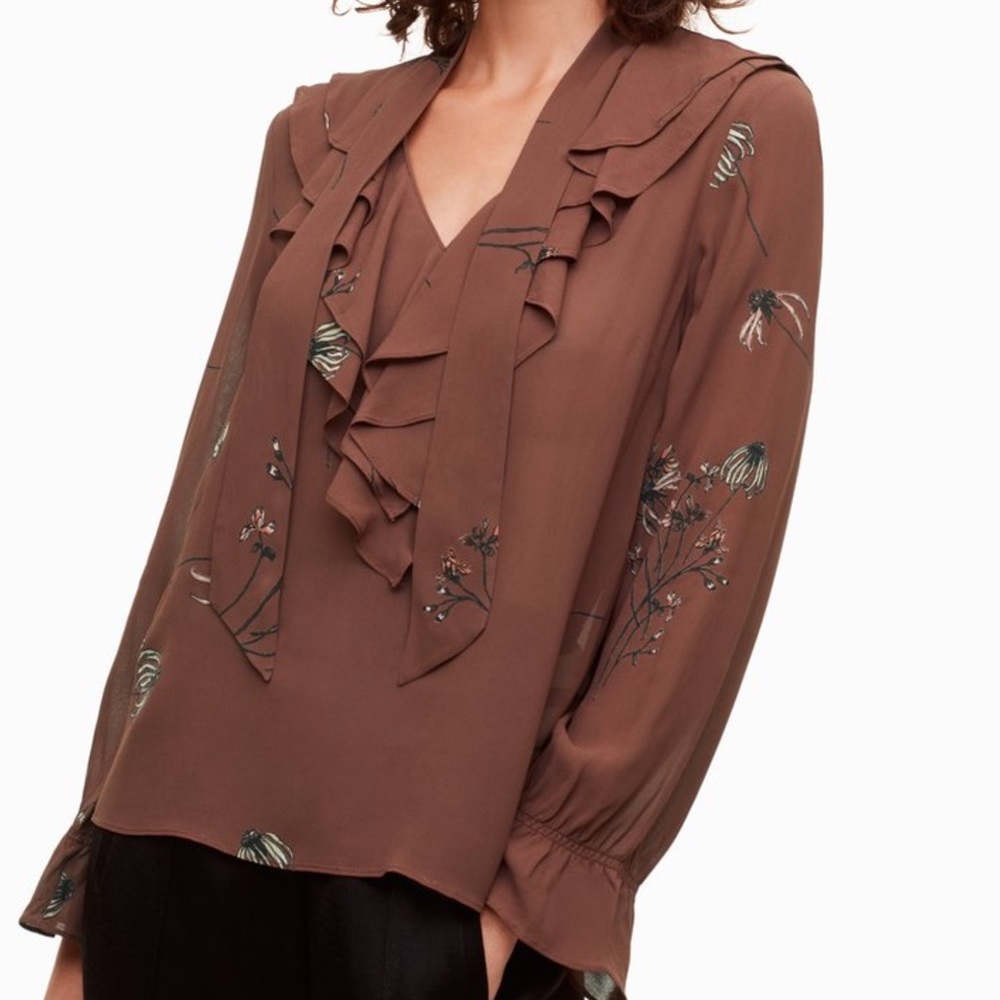 Little Moon Chocolate Brown Floral Ruffle V-Neck Blouse